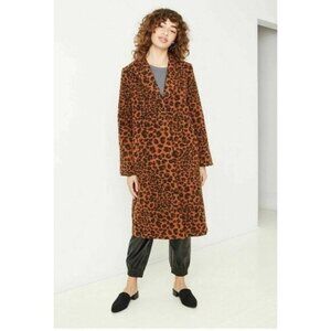 NWT A New Day Women Animal Leopard Print Jacquard Brown Pea Overcoat Coat Large